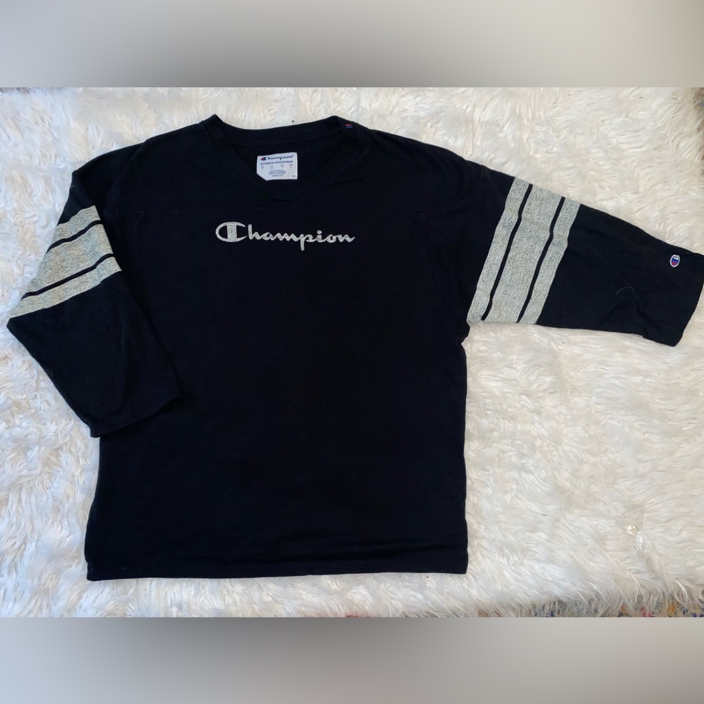 Champion Womens Blue 3/4 Sleeve Regular V Neck Basic T Shirt Size Medium